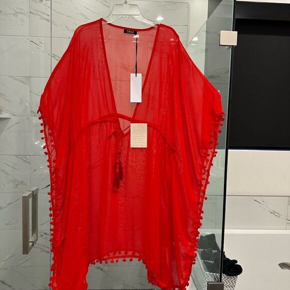 11-Cherry Red Tassel Trim Short Swim Cover by Shahida Parides - Picture 4 of 11